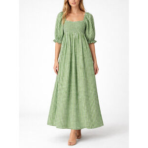 Faithfull The Brand Lilou Smocked Maxi Dress Womens 4 Green Gingham Cottage Boho